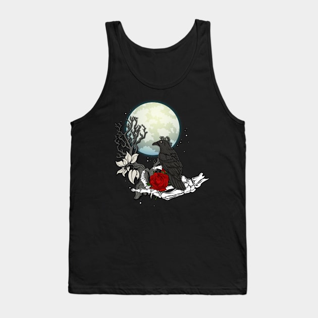 black raven in skeleton hand with a rose in front of a full moon Tank Top by LUNASTOR